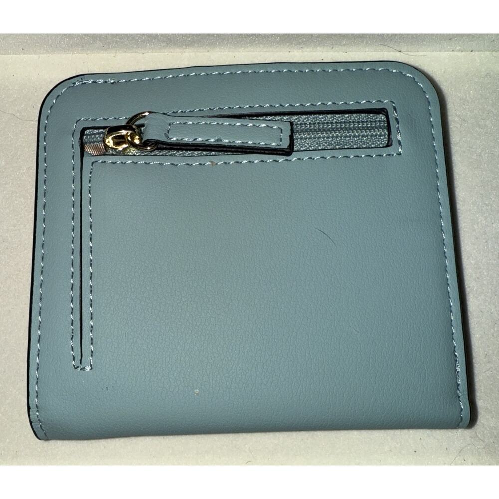 NWT Mini Light Blue Square Faux Leather Wallet Card Holder with Tan Satin Lining